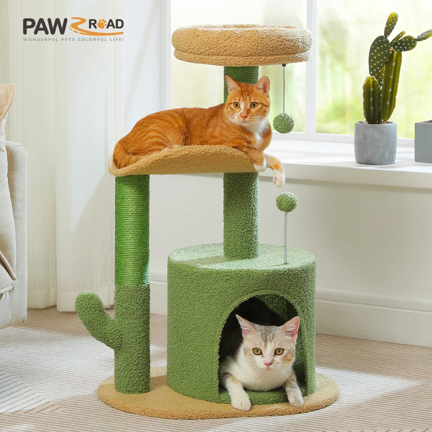 Cactus Cat Tree with Curved Perch Cozy Cat Condo Small Cat Tower with Removable Top Bed Cat Scratching Post for Indoor Cat Toys
