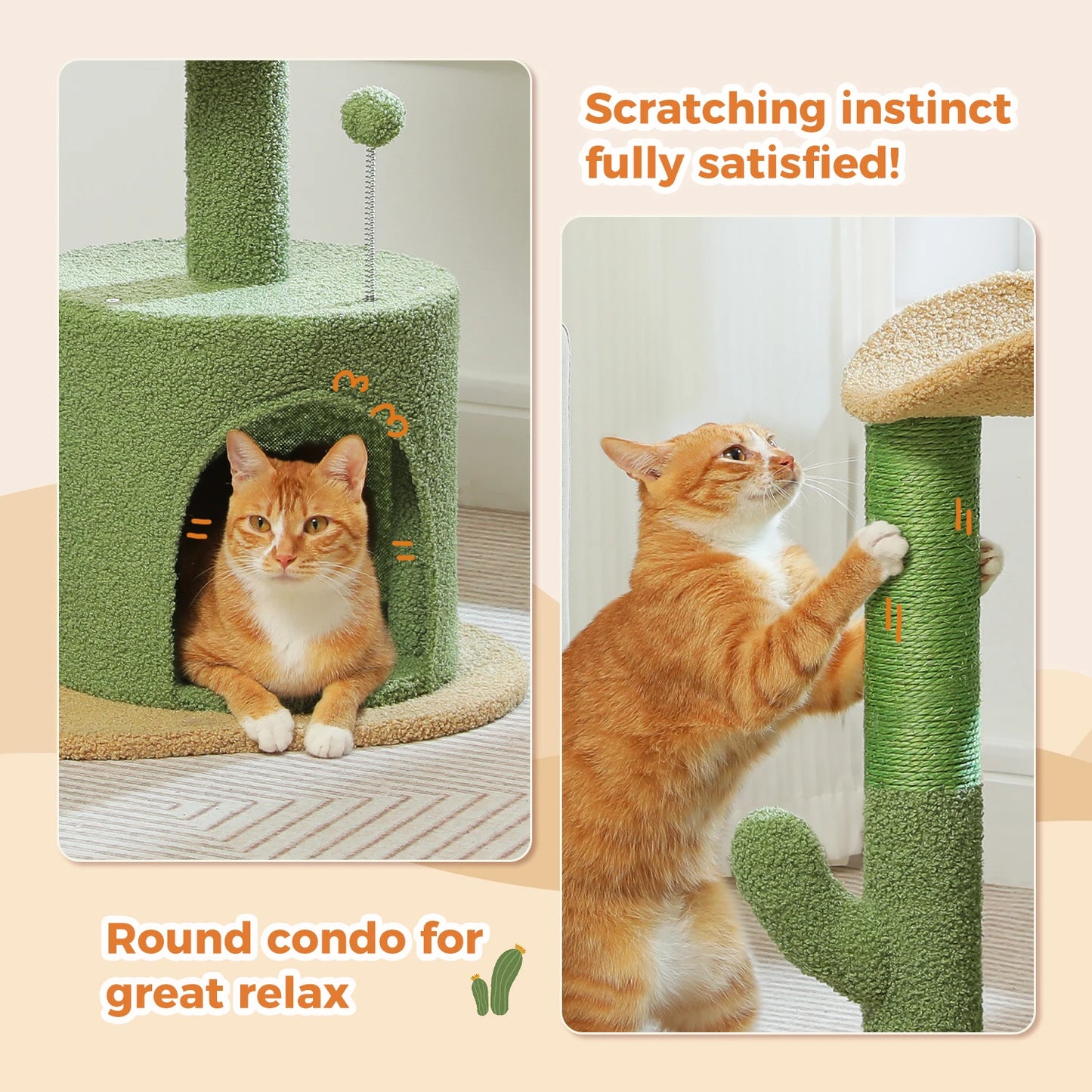 Cactus Cat Tree with Curved Perch Cozy Cat Condo Small Cat Tower with Removable Top Bed Cat Scratching Post for Indoor Cat Toys