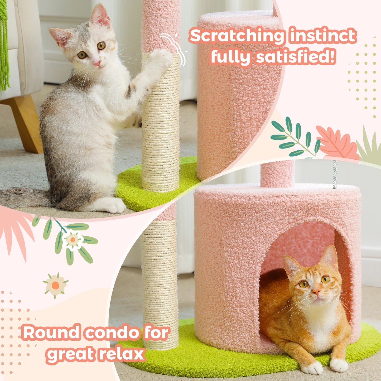 Cactus Cat Tree with Curved Perch Cozy Cat Condo Small Cat Tower with Removable Top Bed Cat Scratching Post for Indoor Cat Toys