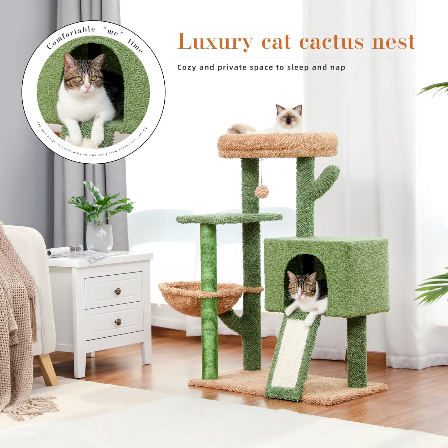 Cactus Cat Tower with Sisal Covered Scratching Post and Cozy Condo for Indoor Cats Cat Climbing Stand with Plush Perch