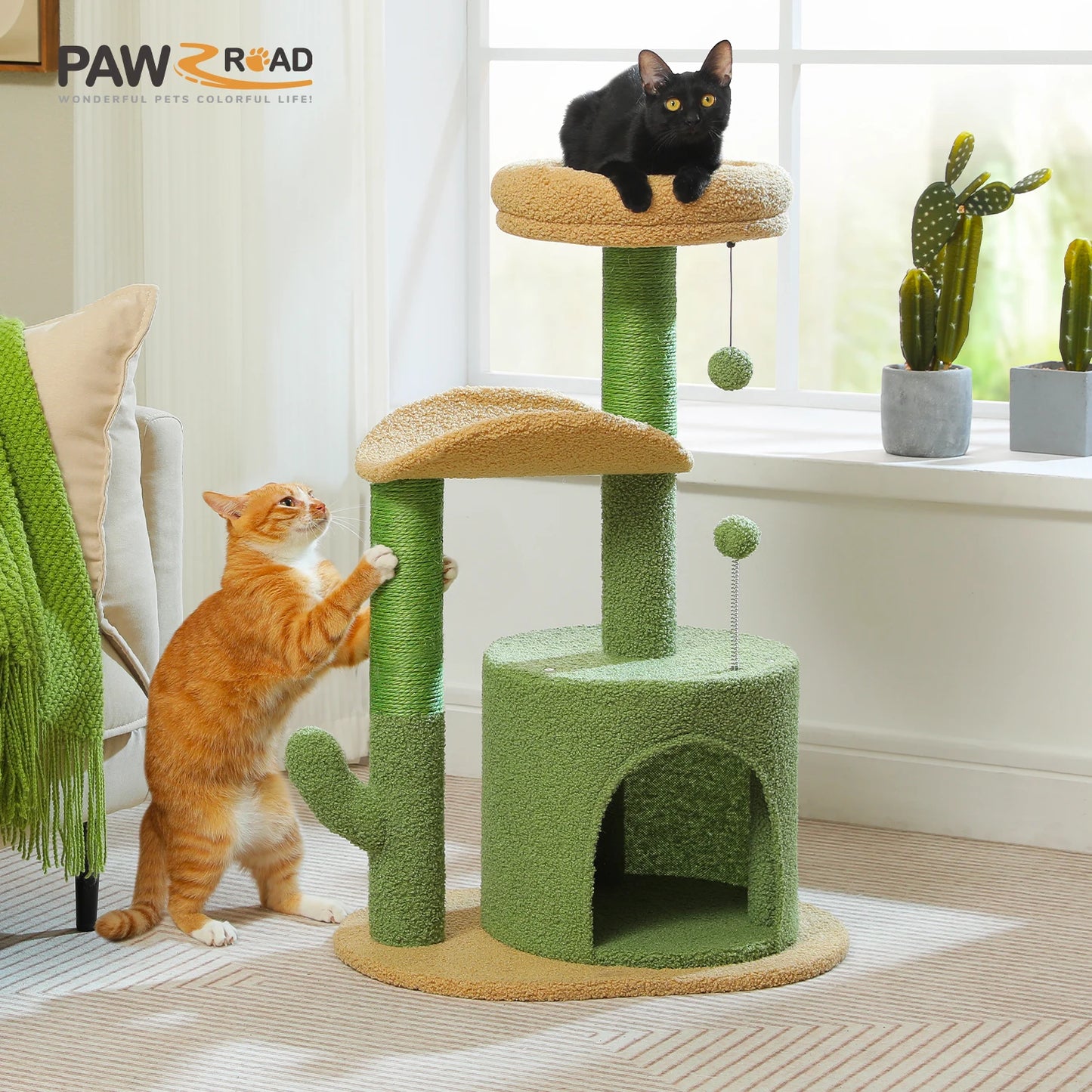 Cactus Cat Tree with Curved Perch Cozy Cat Condo Small Cat Tower with Removable Top Bed Cat Scratching Post for Indoor Cat Toys