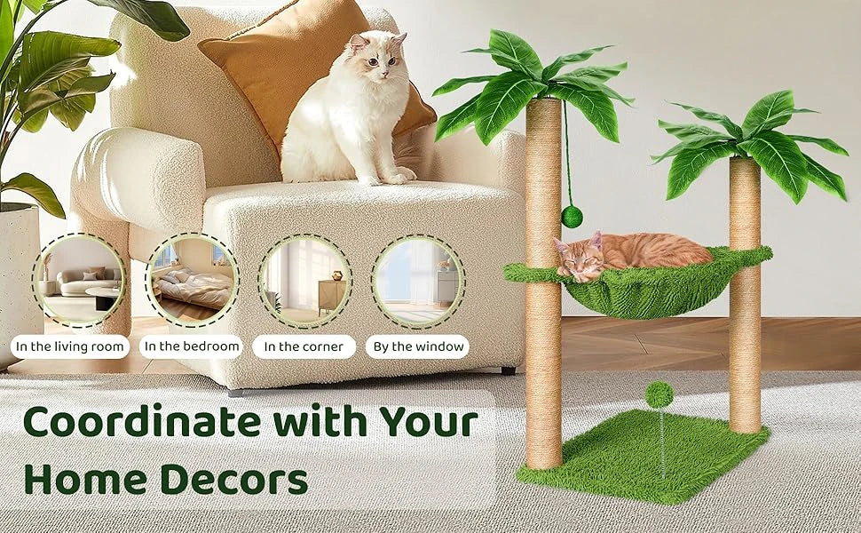 Cat Tree with Hammock and Premium Sisal Scratching Post,Activity Dangling Ball and Spring Ball for Indoor Kittens/Cats