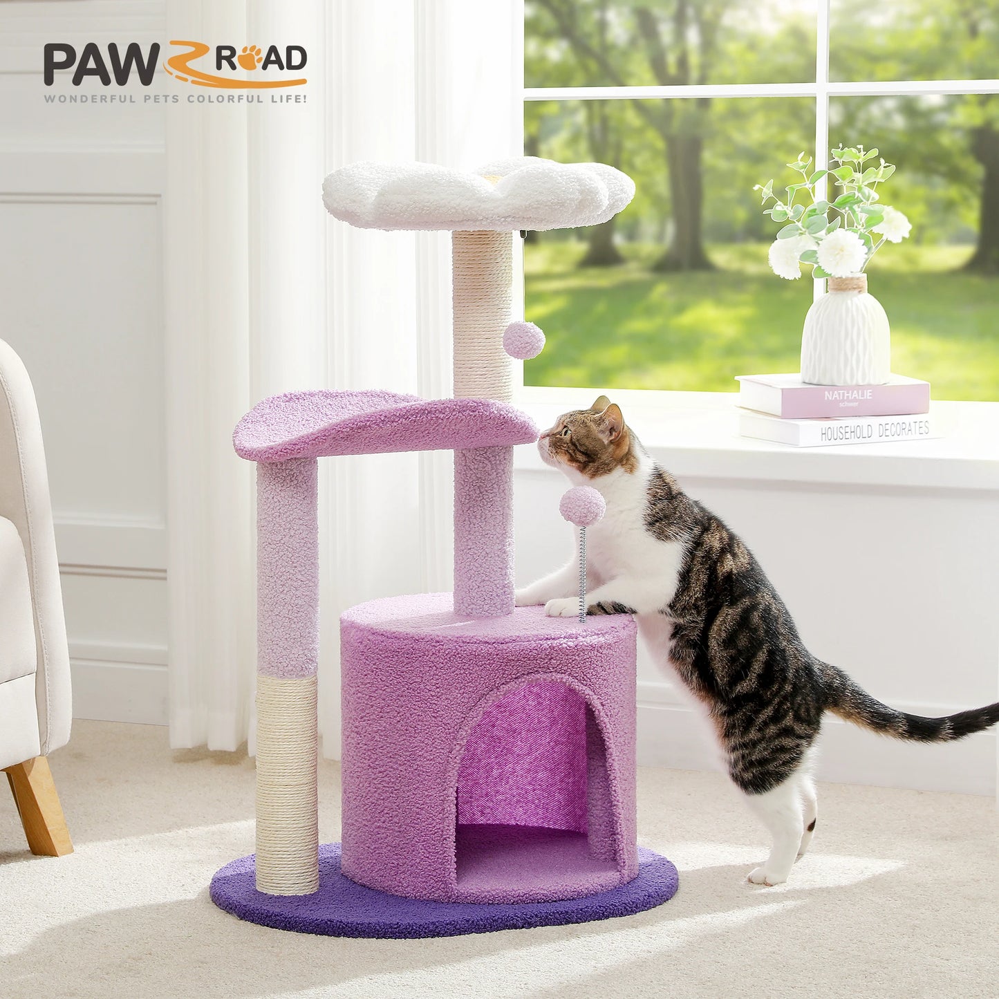 Cactus Cat Tree with Curved Perch Cozy Cat Condo Small Cat Tower with Removable Top Bed Cat Scratching Post for Indoor Cat Toys