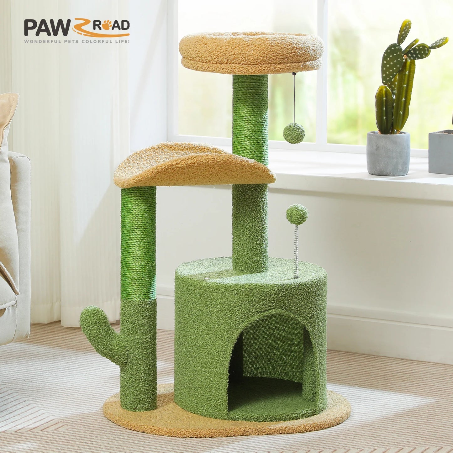 Cactus Cat Tree with Curved Perch Cozy Cat Condo Small Cat Tower with Removable Top Bed Cat Scratching Post for Indoor Cat Toys