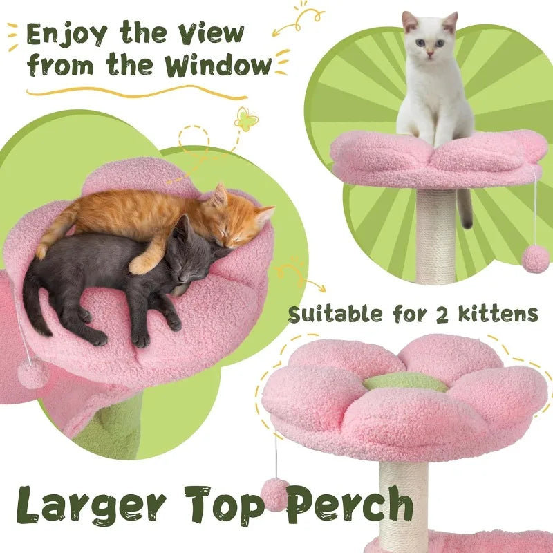 Cat Tree 33'' Cute Cat Tower Small Flower Trees for Indoor Cat Condo with Hanging Toys Pink Large Top Perch for Kittens