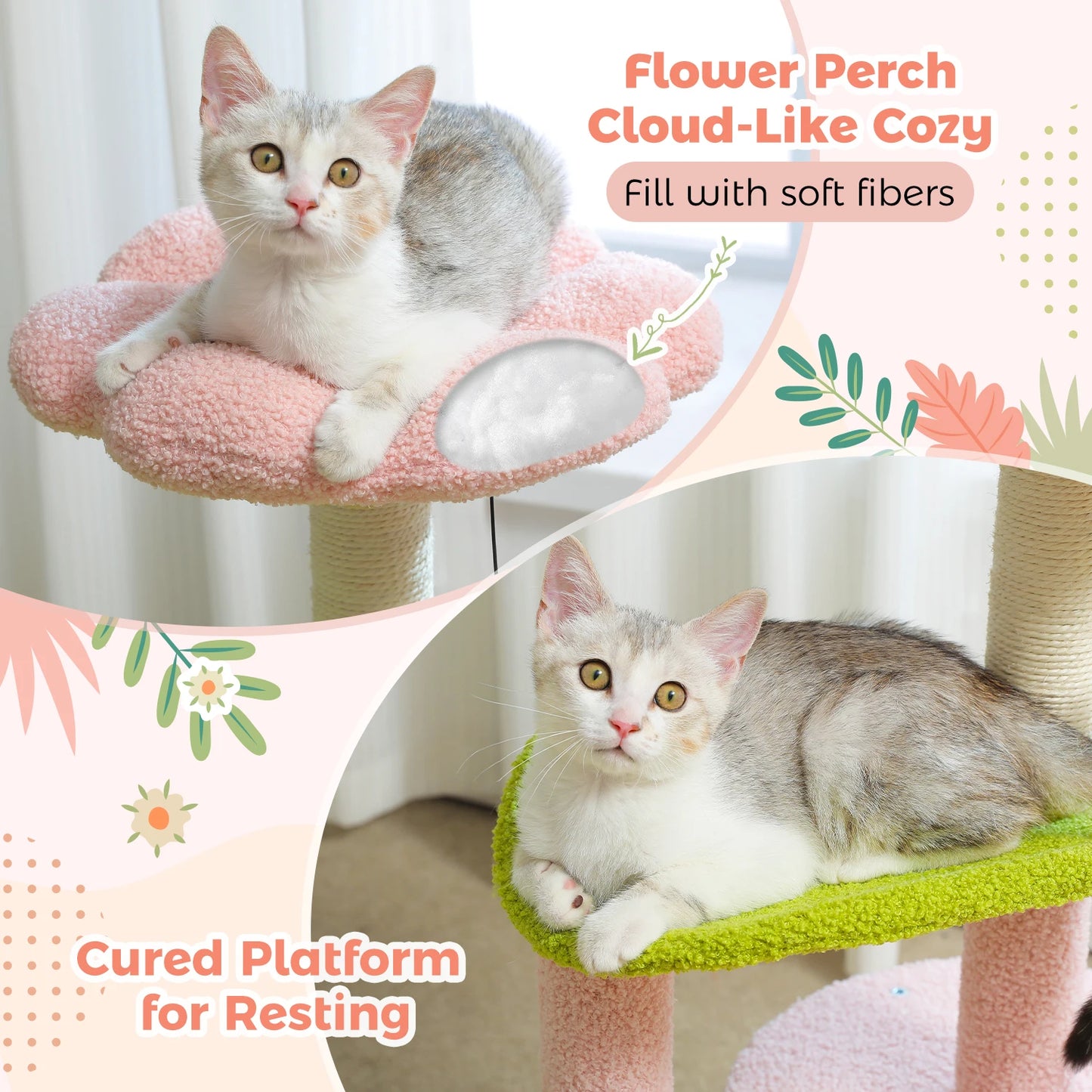 Cactus Cat Tree with Curved Perch Cozy Cat Condo Small Cat Tower with Removable Top Bed Cat Scratching Post for Indoor Cat Toys