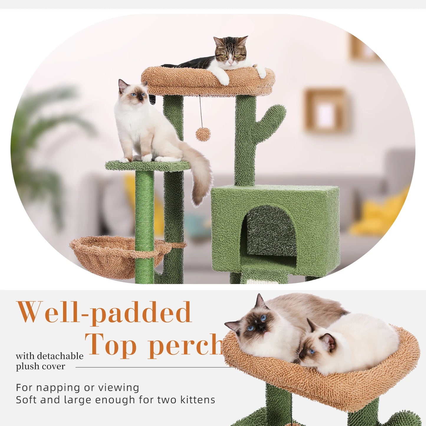 Cactus Cat Tower with Sisal Covered Scratching Post and Cozy Condo for Indoor Cats Cat Climbing Stand with Plush Perch