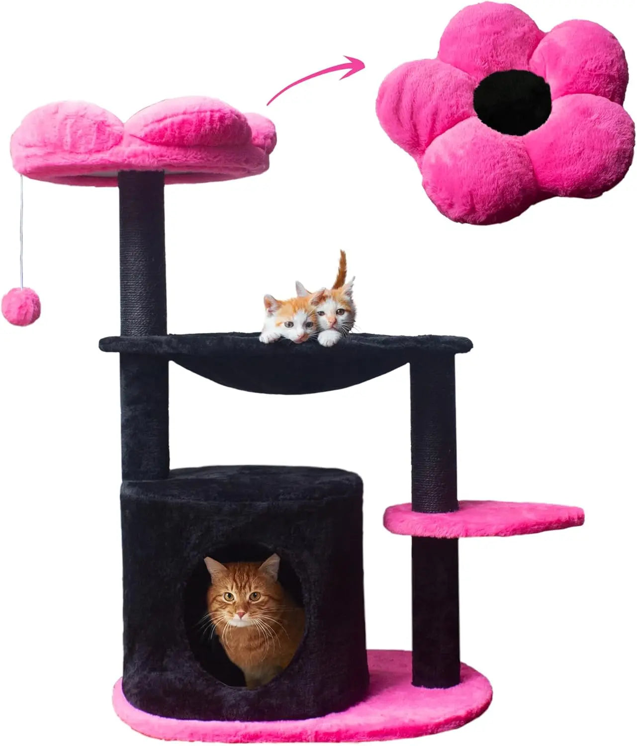 Cat Tree 33'' Cute Cat Tower Small Flower Trees for Indoor Cat Condo with Hanging Toys Pink Large Top Perch for Kittens