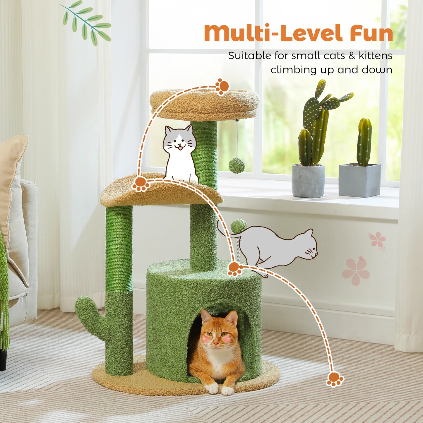 Cactus Cat Tree with Curved Perch Cozy Cat Condo Small Cat Tower with Removable Top Bed Cat Scratching Post for Indoor Cat Toys