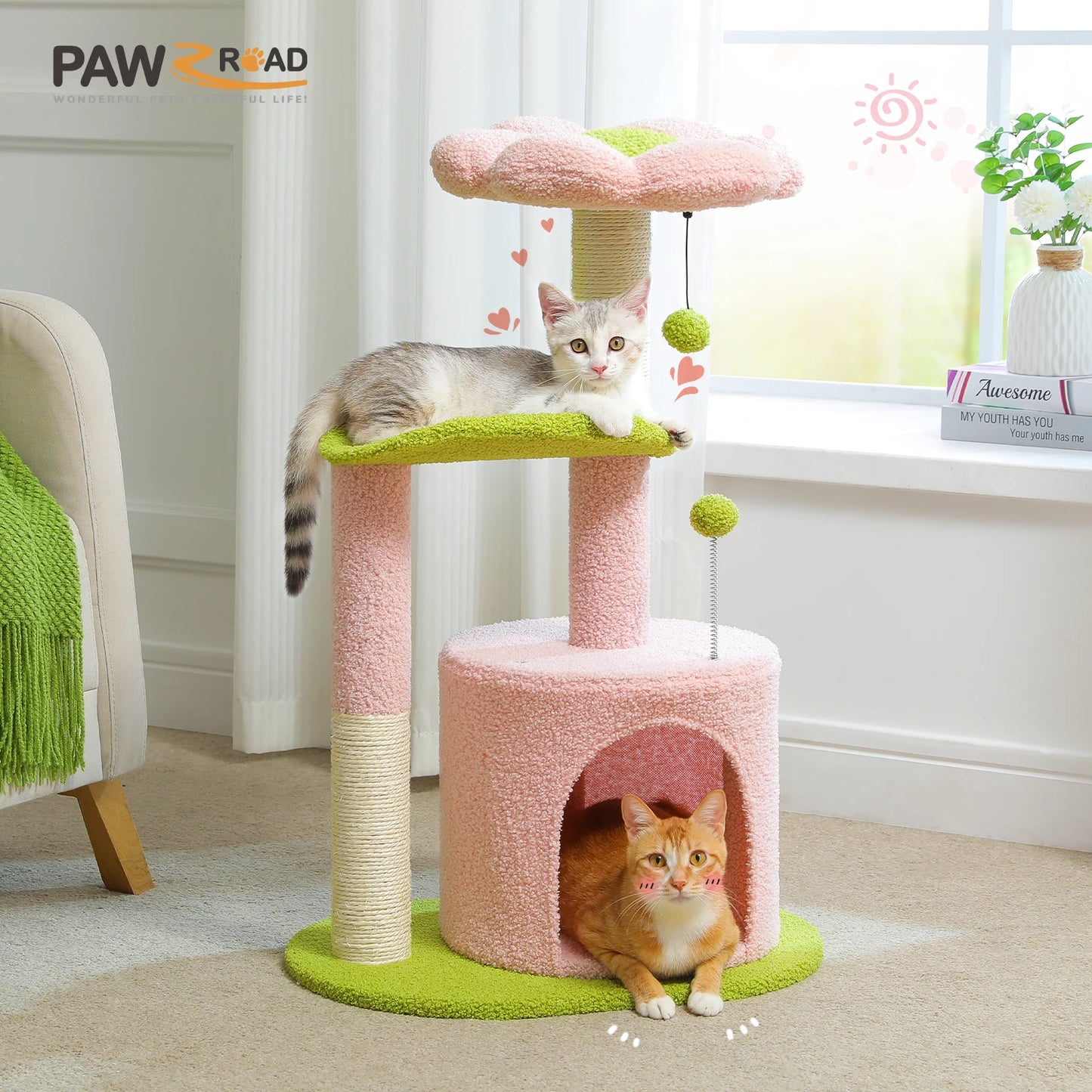 Cactus Cat Tree with Curved Perch Cozy Cat Condo Small Cat Tower with Removable Top Bed Cat Scratching Post for Indoor Cat Toys