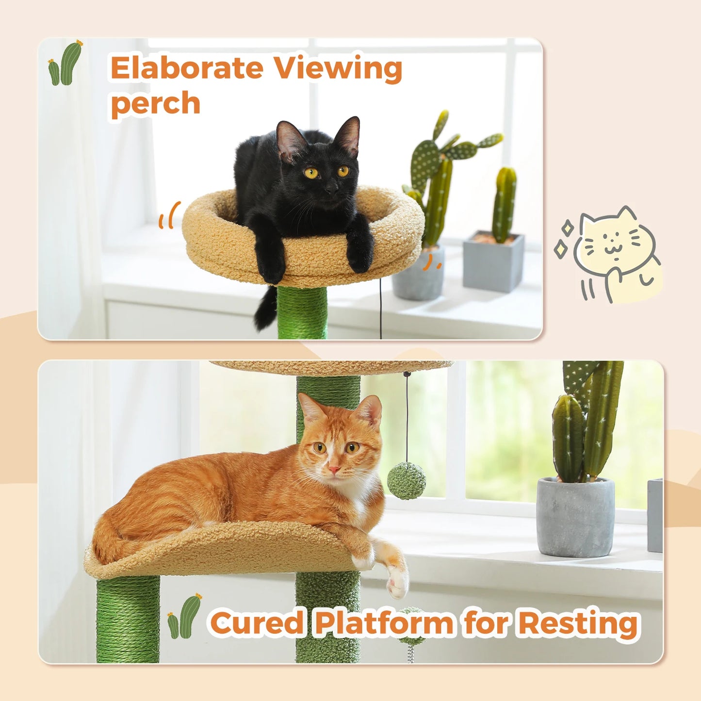 Cactus Cat Tree with Curved Perch Cozy Cat Condo Small Cat Tower with Removable Top Bed Cat Scratching Post for Indoor Cat Toys