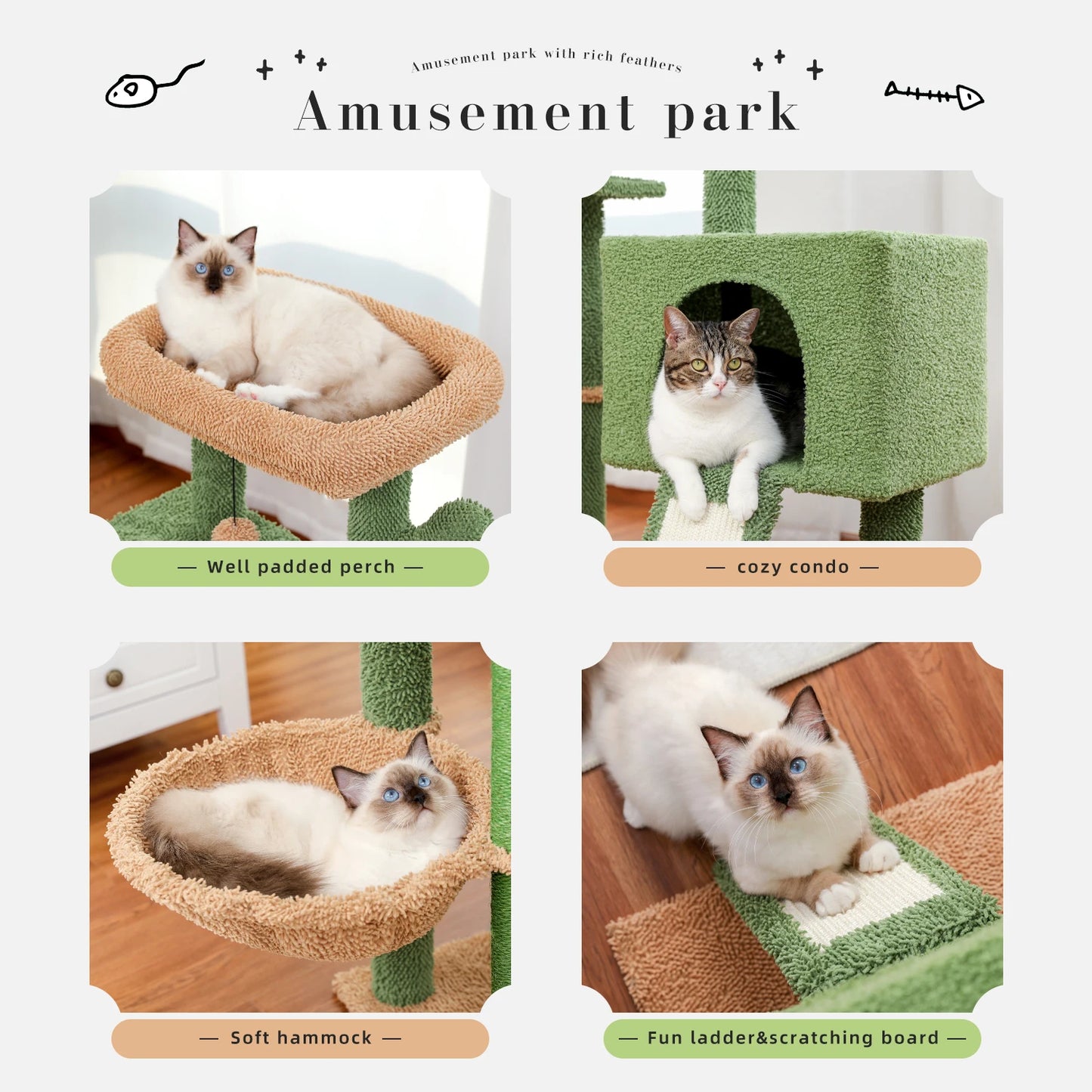 Cactus Cat Tower with Sisal Covered Scratching Post and Cozy Condo for Indoor Cats Cat Climbing Stand with Plush Perch