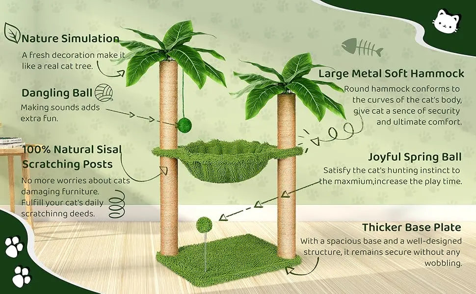 Cat Tree with Hammock and Premium Sisal Scratching Post,Activity Dangling Ball and Spring Ball for Indoor Kittens/Cats