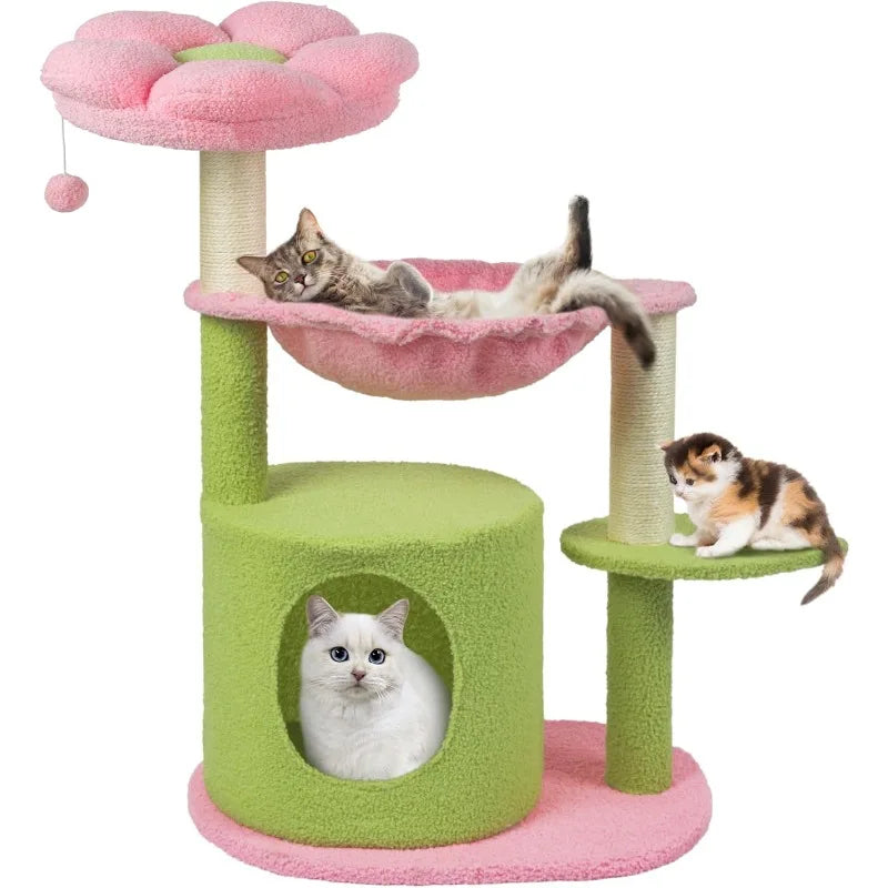 Cat Tree 33'' Cute Cat Tower Small Flower Trees for Indoor Cat Condo with Hanging Toys Pink Large Top Perch for Kittens