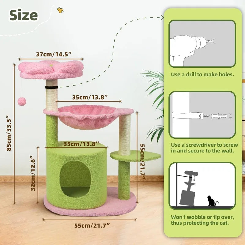 Cat Tree 33'' Cute Cat Tower Small Flower Trees for Indoor Cat Condo with Hanging Toys Pink Large Top Perch for Kittens