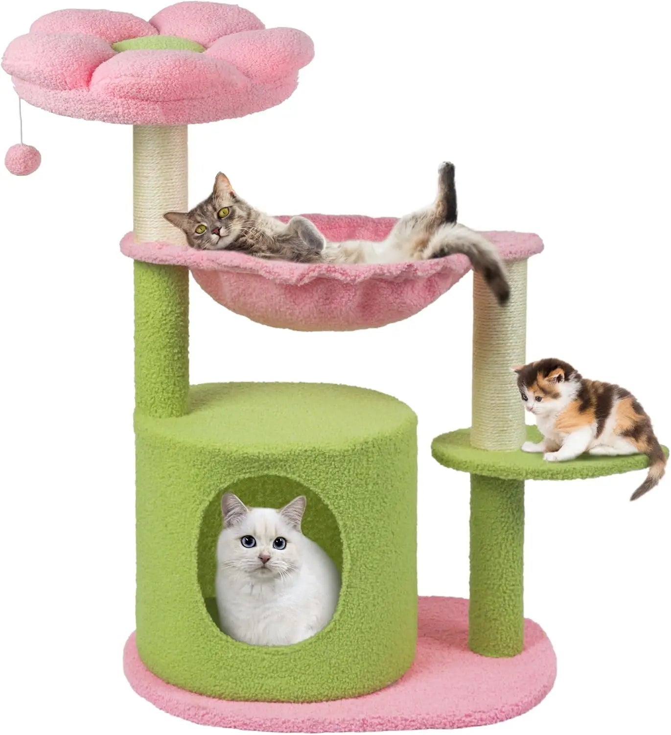 Cat Tree 33'' Cute Cat Tower Small Flower Trees for Indoor Cat Condo with Hanging Toys Pink Large Top Perch for Kittens