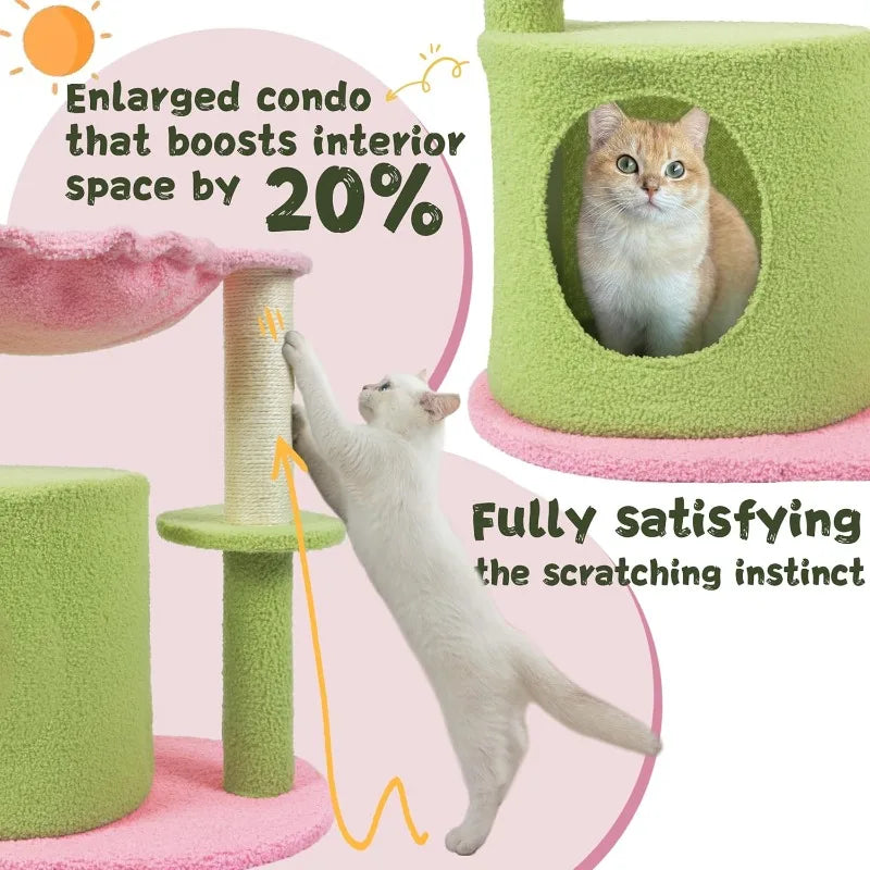 Cat Tree 33'' Cute Cat Tower Small Flower Trees for Indoor Cat Condo with Hanging Toys Pink Large Top Perch for Kittens