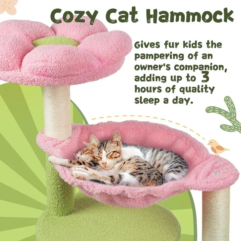 Cat Tree 33'' Cute Cat Tower Small Flower Trees for Indoor Cat Condo with Hanging Toys Pink Large Top Perch for Kittens