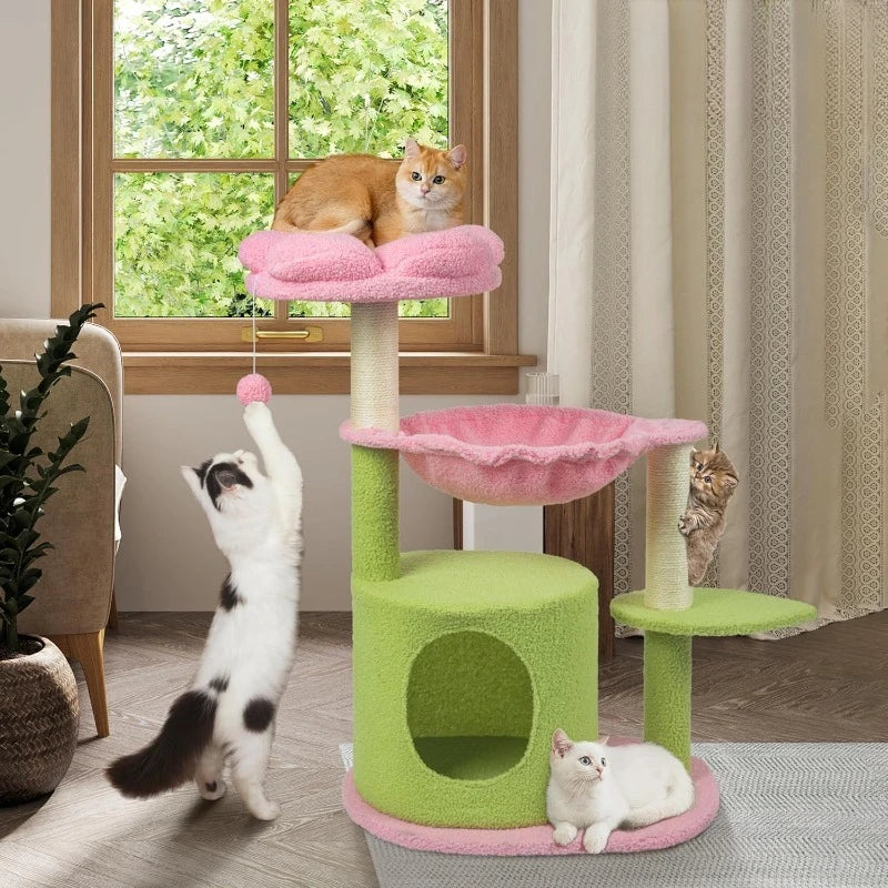 Cat Tree 33'' Cute Cat Tower Small Flower Trees for Indoor Cat Condo with Hanging Toys Pink Large Top Perch for Kittens