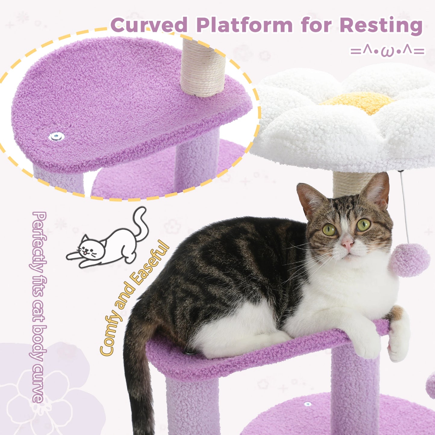 Cactus Cat Tree with Curved Perch Cozy Cat Condo Small Cat Tower with Removable Top Bed Cat Scratching Post for Indoor Cat Toys
