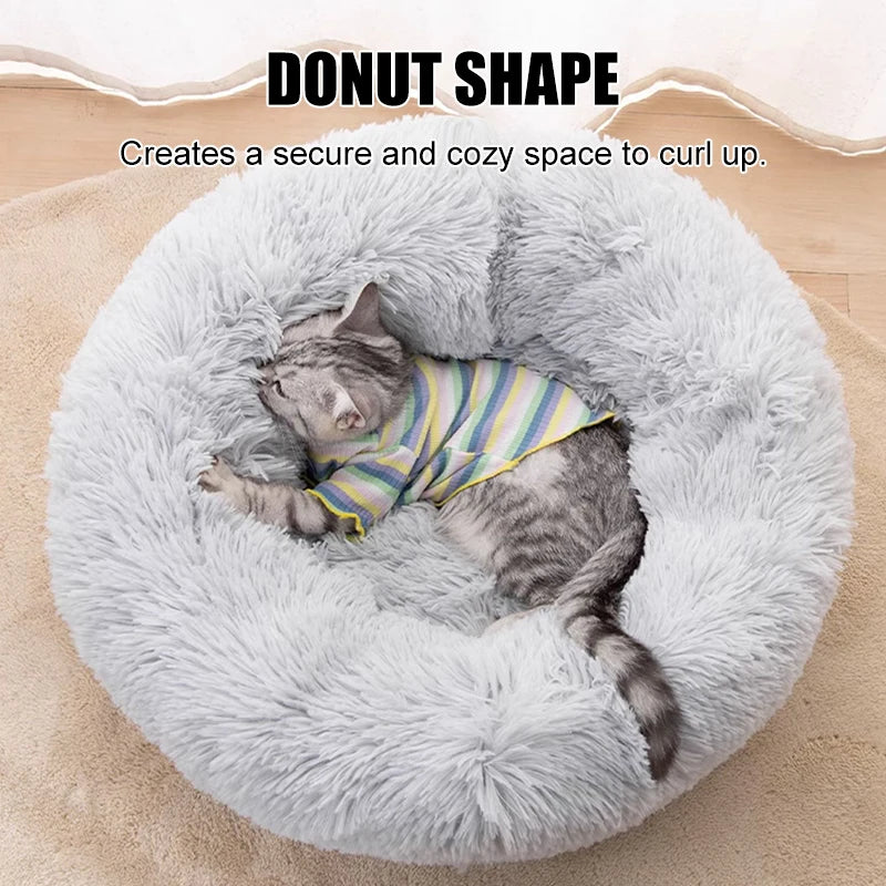 50-100cm Calming Donut Bed For Dog and Cat，Super Soft Plush Pet Cat Beds, Cute Fluffy Round Pet Bed Non-Slip Washable