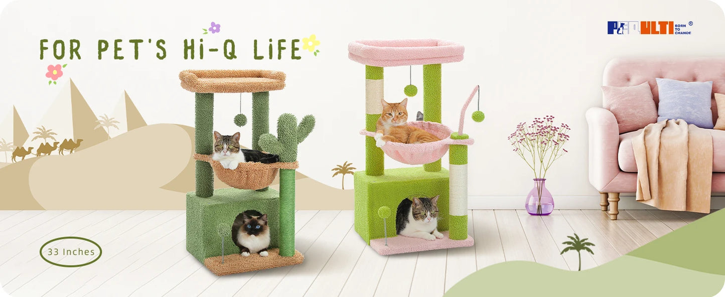 4-in-1 Cactus Cat Tree for Indoor Cat, Small Cat Tower with Large Condo, Scratching Post, Deep Hammock, Cozy Top Perch, Cat Toys